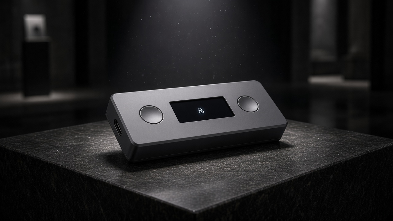 HENSLY hardware wallet on a granite pedestal under a gallery spotlight