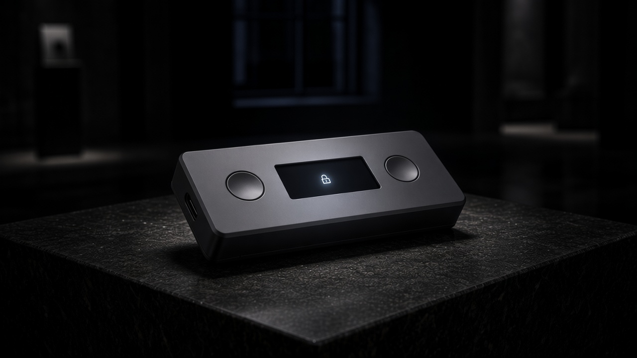HENSLY wallet in a dark room, OLED lock icon glowing on the screen