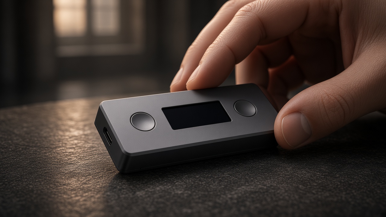 A hand touching the bead-blasted graphite titanium body of the HENSLY wallet