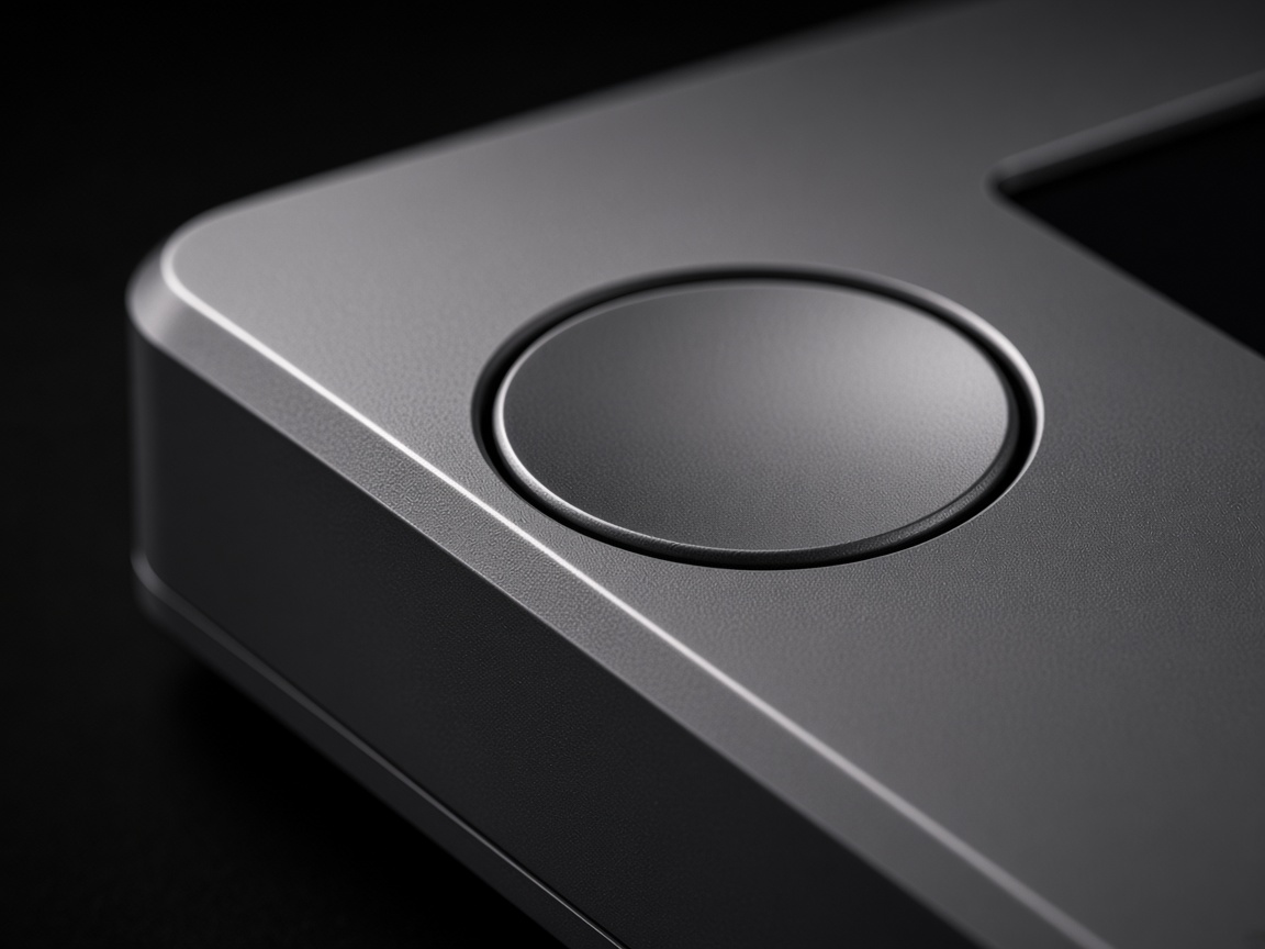 Macro of a HENSLY circular metal button and CNC-milled graphite edge